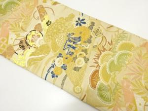 アンティーク　貝桶に万寿菊・鼓模様織り出し丸帯（材料）